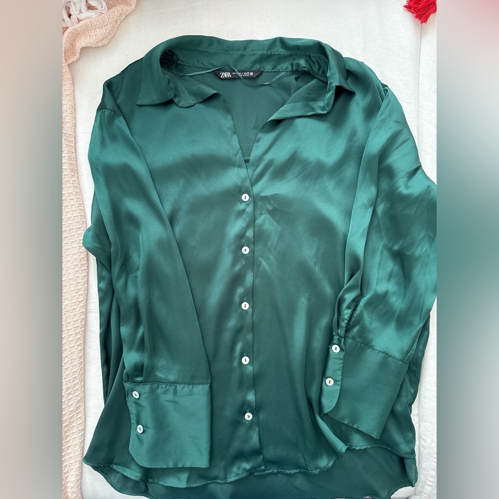 Zara Women's Emerald Satin Button-Down Shirt